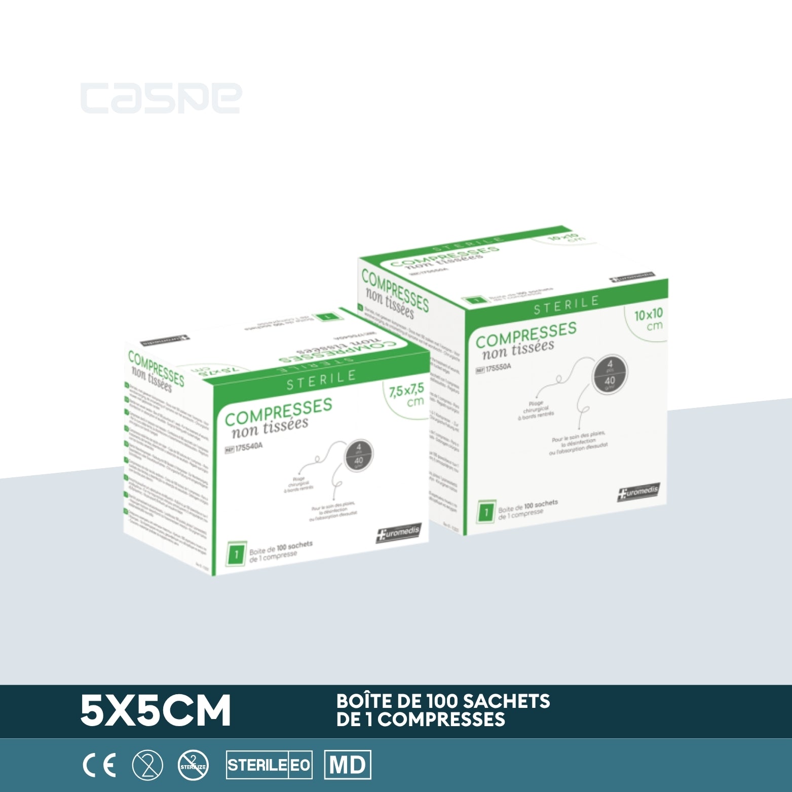 EUROMEDIS Compresse en non-tissé stérile - 40g/m² - 4 plis - 5x5cm - Boîte de 100 sachets / 1 par sachet