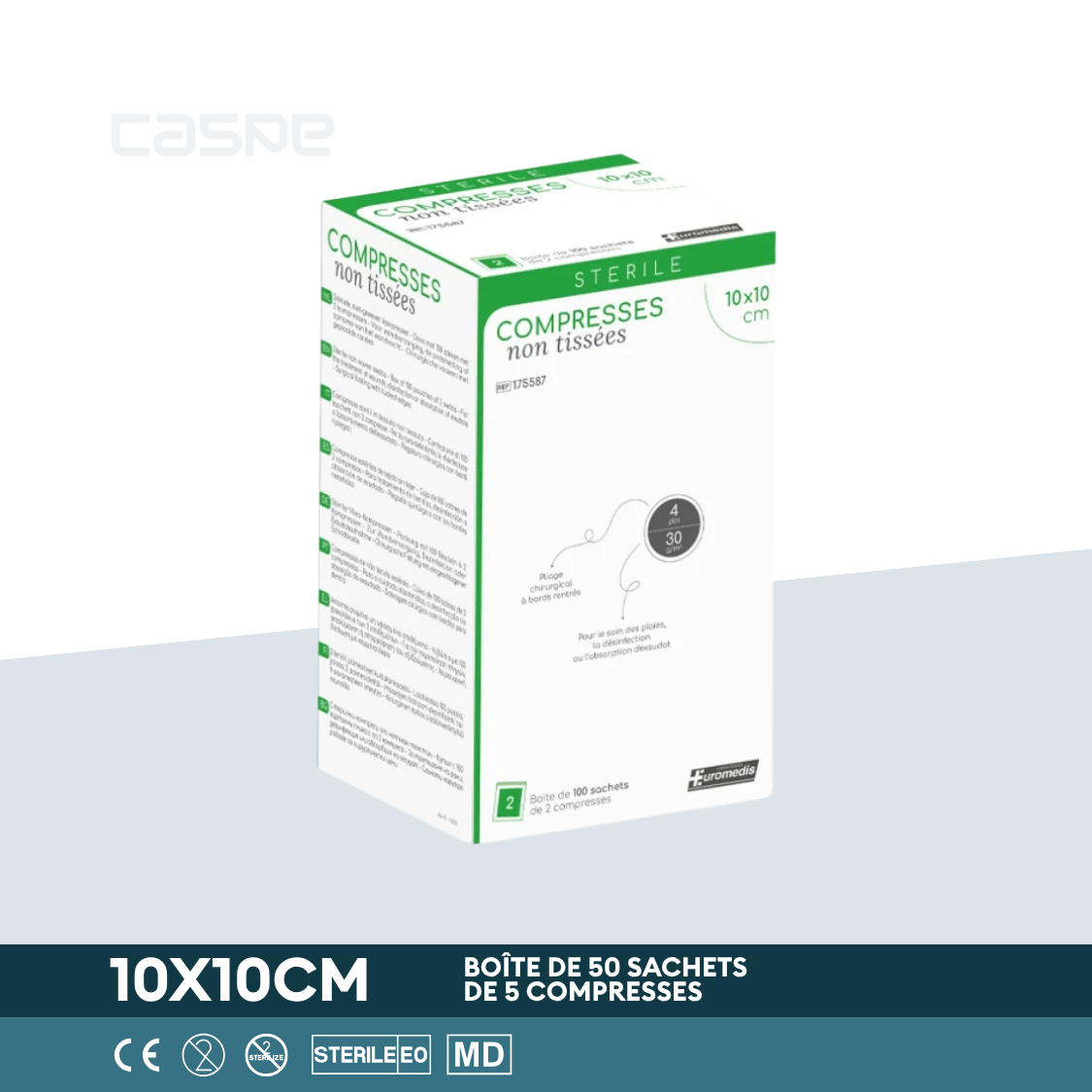 EUROMEDIS Compresse en non-tissé stérile - 30g/m² - 4 plis - 10x10cm - Boîte de 50 sachets / 5 par sachet