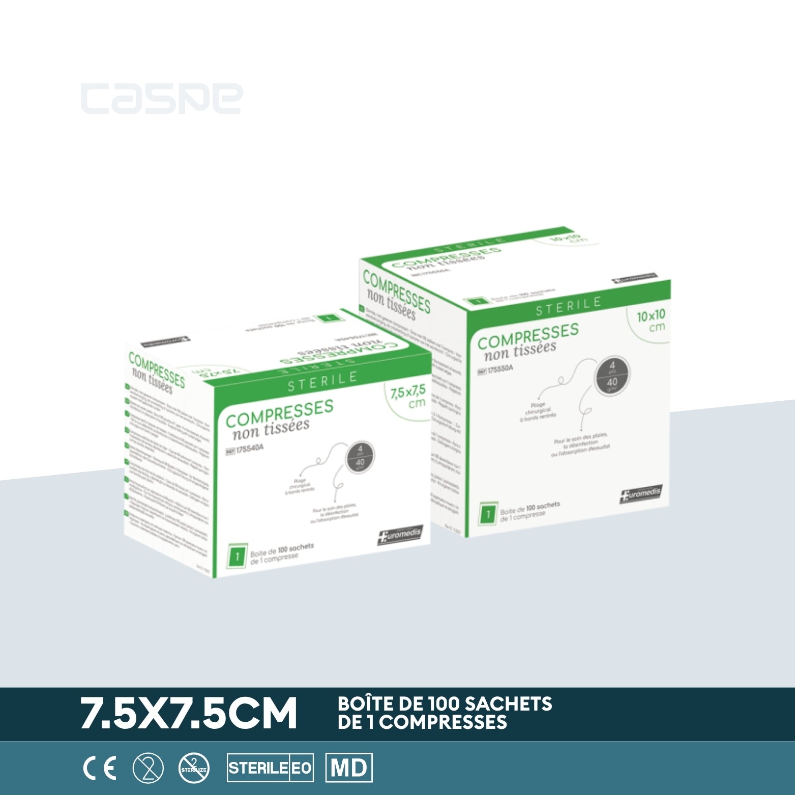 EUROMEDIS Compresse en non-tissé stérile - 40g/m² - 4 plis - 7.5x7.5cm - Boîte de 100 sachets / 1 par sachet