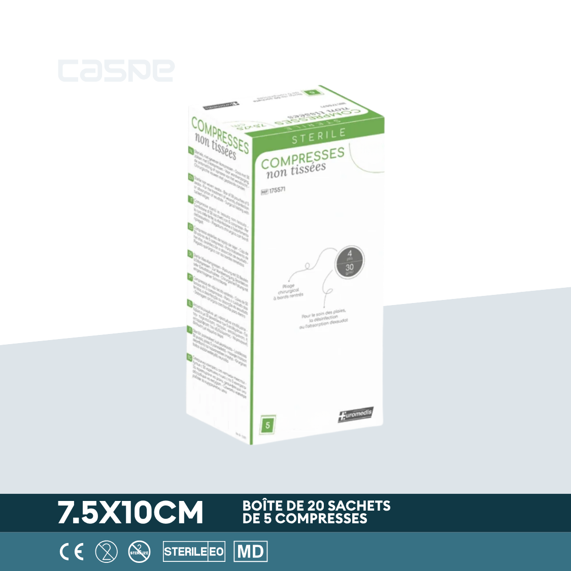 EUROMEDIS Compresse en non-tissé stérile - 30g/m² - 4 plis - 7.5x10cm - Boîte de 20 sachets / 5 par sachet