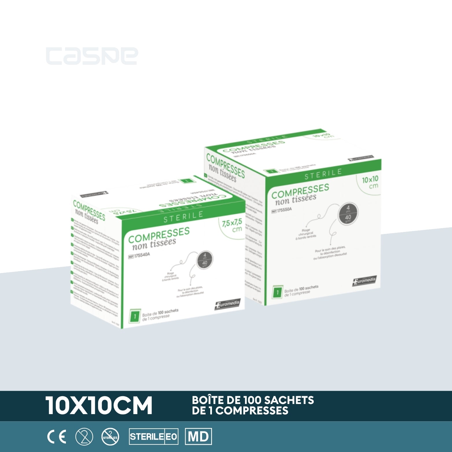 EUROMEDIS Compresse en non-tissé stérile - 40g/m² - 4 plis - 10x10cm - Boîte de 100 sachets / 1 par sachet