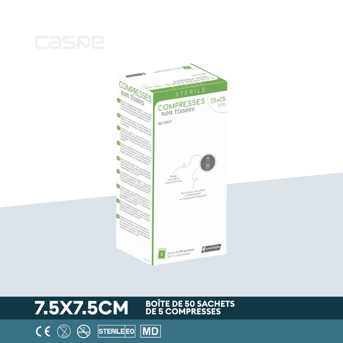EUROMEDIS Compresse en non-tissé stérile - 30g/m² - 4 plis - 7.5x7.5cm - Boîte de 50 sachets / 5 par sachet