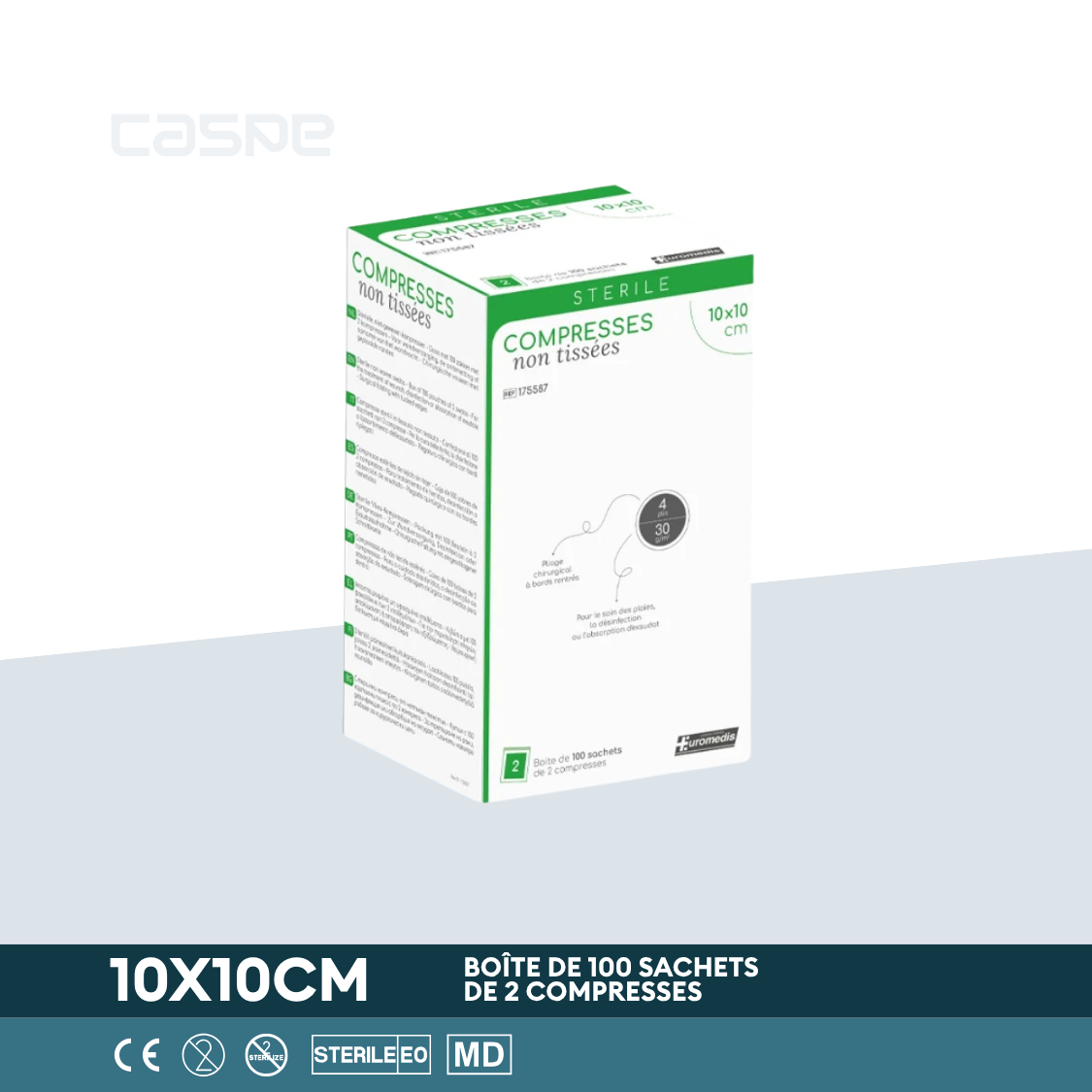 EUROMEDIS Compresse en non-tissé stérile - 30g/m² - 4 plis - 10x10cm - Boîte de 100 sachets / 2 par sachet