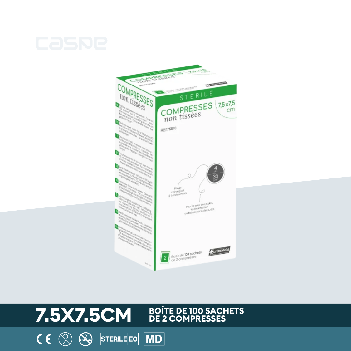 EUROMEDIS Compresse en non-tissé stérile - 30g/m² - 4 plis - 7,5x7,5cm - Boîte de 100 sachets / 2 par sachet