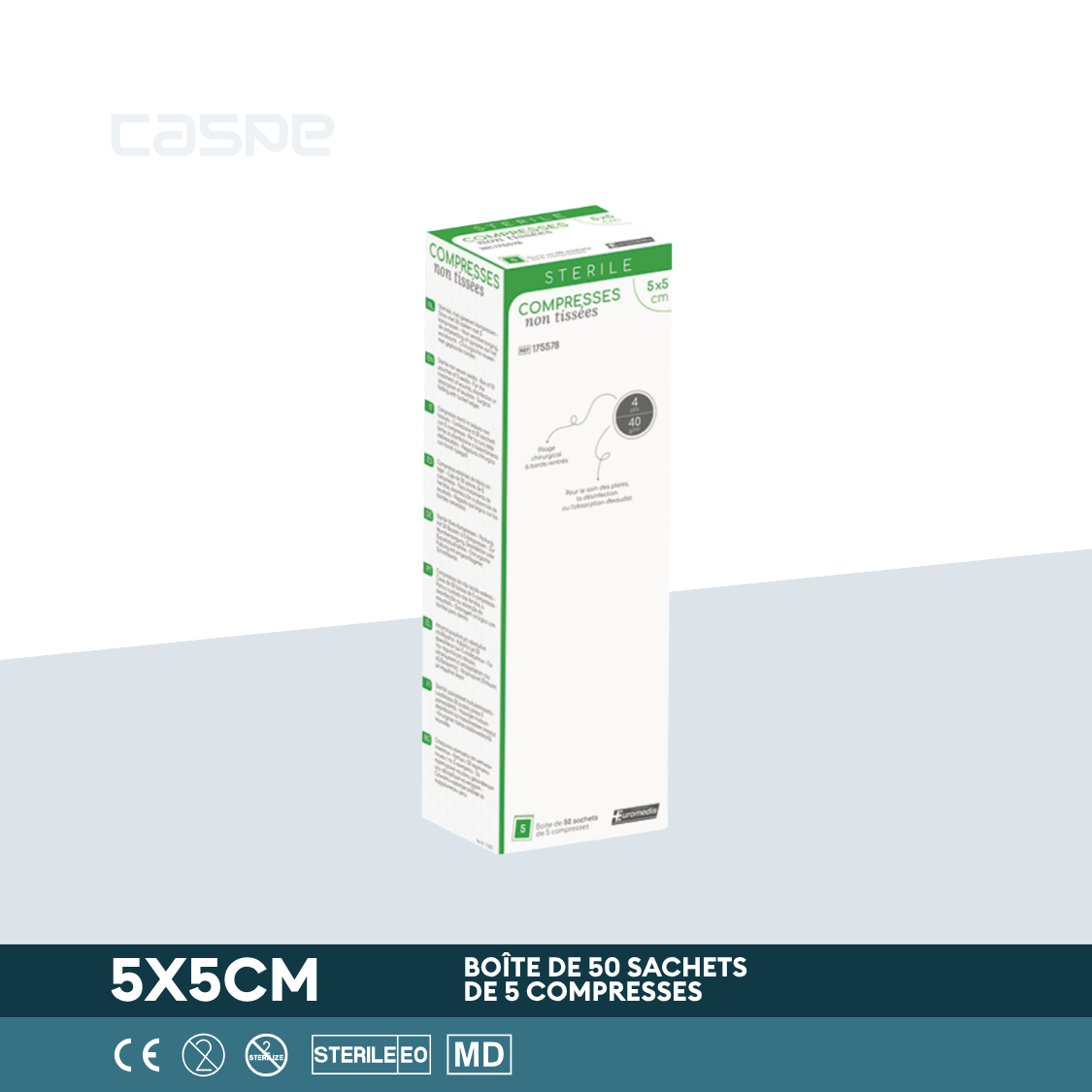EUROMEDIS Compresse en non-tissé stérile - 30g/m² - 4 plis - 5x5cm - Boîte de 50 sachets / 5 par sachet